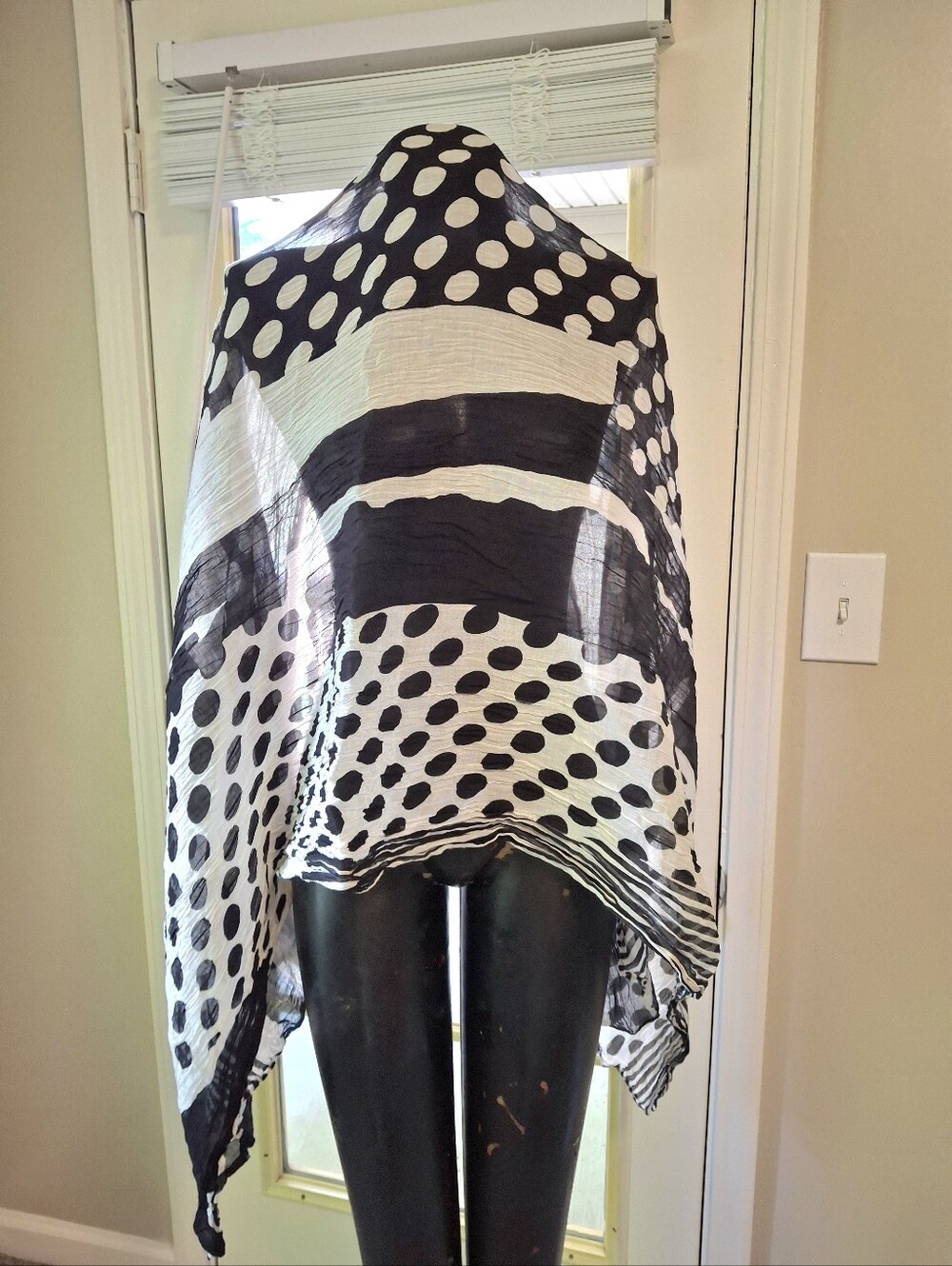 Sheer 100% Cotton Boho Black White Polka Dot Rectangular Scarf